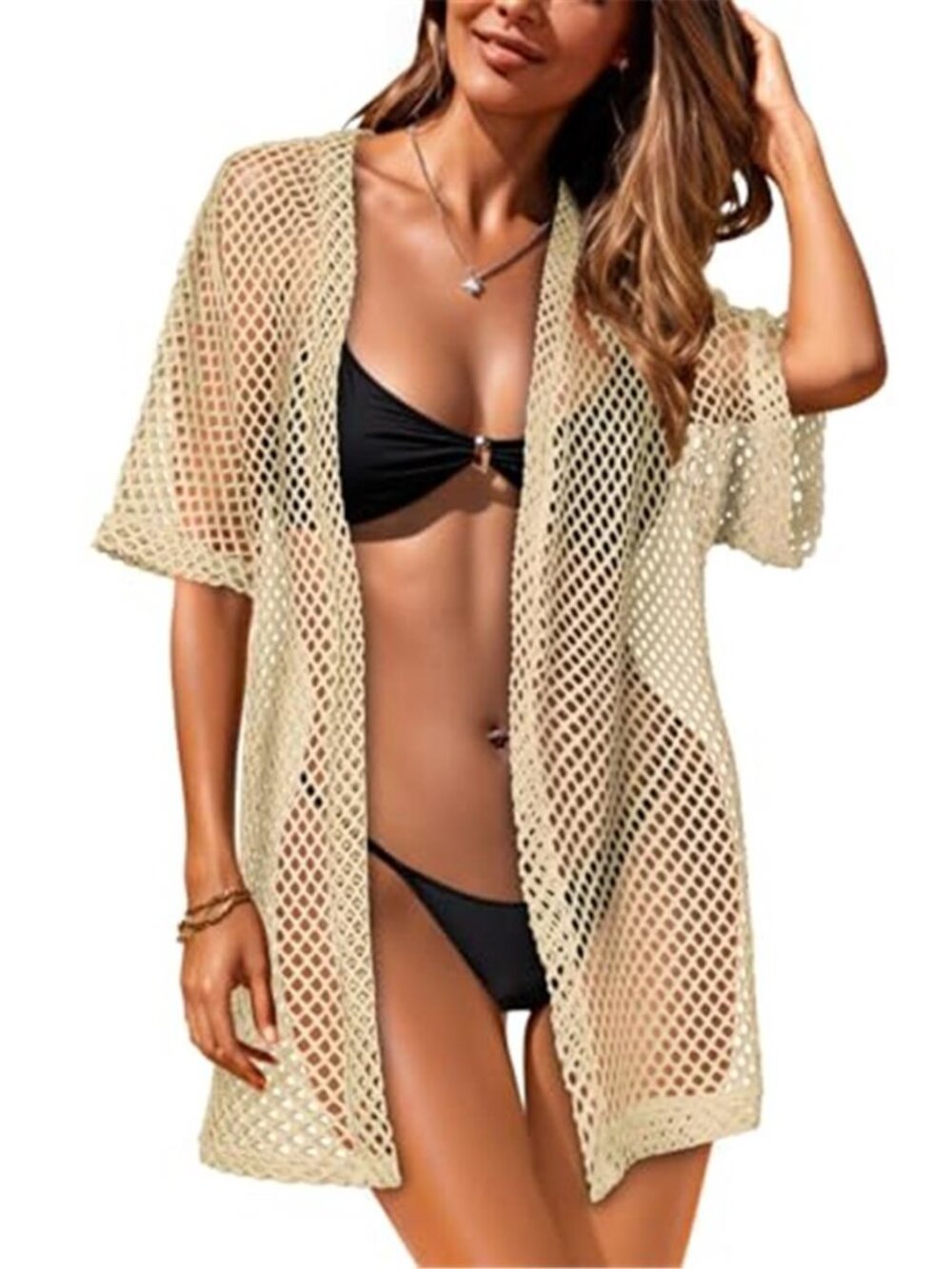 CHICGAL Beige Crochet Swim Cover Up Open Front Kimono Beach Cardigan